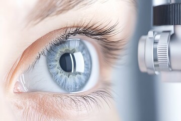 A close-up of a bright blue eye undergoing an ophthalmological examination using professional medical equipment. The image shows the intricate details of the iris with its fine patterns and vibrant