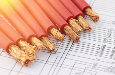 Electrical insulated copper mounting wires. Close-up. Soft focus.Sunflare. 