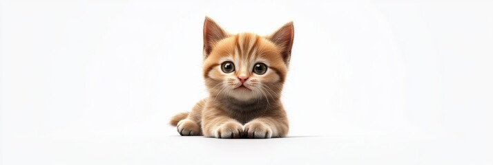 Minimal 3D icon of a baby kitten in a relaxed pose, featuring its adorable small paws and expressive eyes, isolated against a pure white background