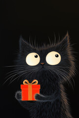 Whimsical Black Cat with Surprised Eyes Featuring a Red Gift Box on Dark Background