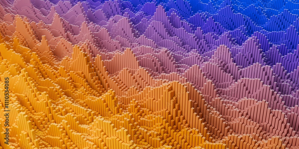 Poster bar graph field from orange and blue gradient cube or box mesh array background, abstract modern dat