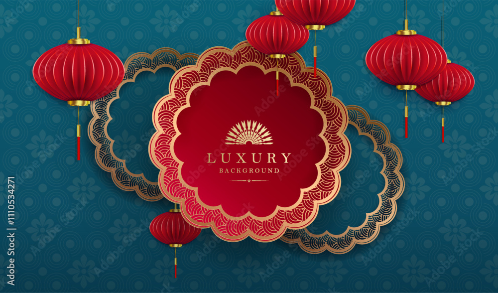 Canvas Prints chinese new year composition with red figured frame and air lanterns.