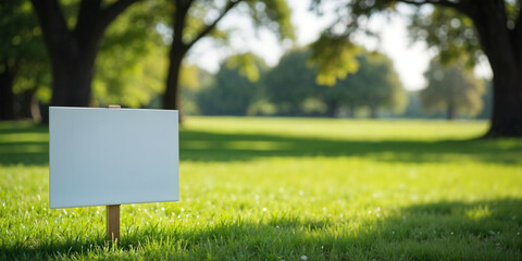 Blank yard sign on lush green grass in a park setting, yard sign, mockup, green grass, blank, park, outdoor