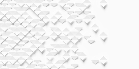 Diagonally arranged up and down folded white plane squares on white background wallpaper banner fade out with copy space