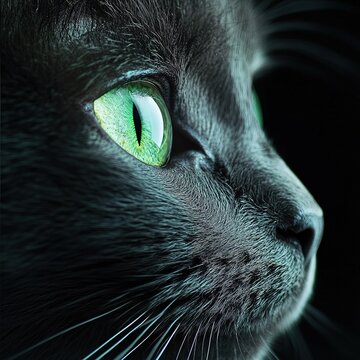 Close-up of a green-eyed cat indoor setting animal portrait dark background artistic perspective captivating expression