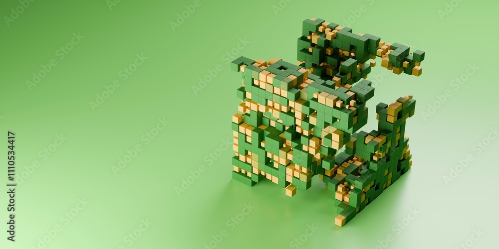 Poster green and yellow block of cubes with different size on green background, abstract modern data visual