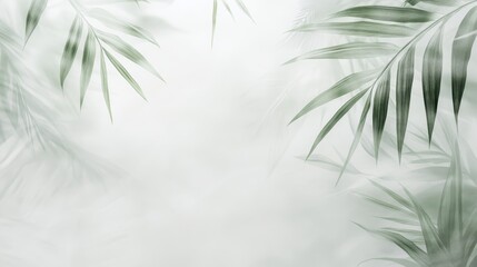 botanical elegance, soft ethereal palm leaves, dreamy atmosphere, milky white background, gentle green hues, minimalist nature composition, blurred defocused edges, clean aesthetic, sublime lighting,