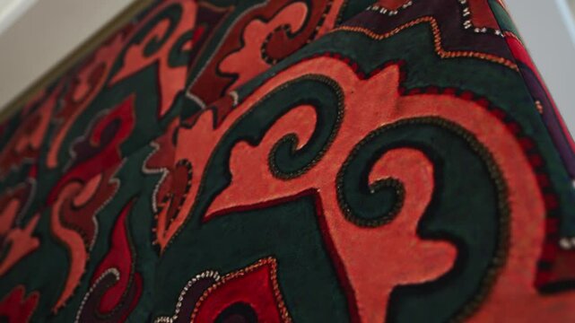Fabric decoration with rich Tatar ornament and patterns. Bright twisted special symbols represents national and ethnic spiritual motifs