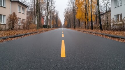 A tranquil autumn street lined with trees, featuring fallen leaves and residential buildings, captured under a cloudy sky.