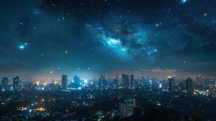 Obraz premium A stunning night view of a city skyline illuminated by lights, under a starry sky filled with galaxies and cosmic wonders.