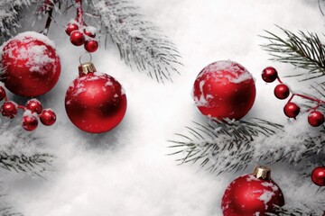 Winter celebration background displaying red Christmas ornaments on lush fir branches, with a snowy texture in the background to evoke holiday cheer.