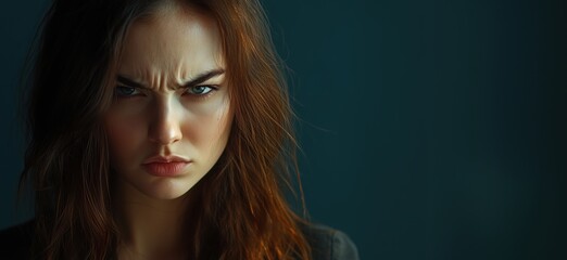 Naklejka premium Intense expression of anger and frustration, close-up portrait of young woman with long brown hair, serious gaze, dramatic lighting, copy space for text