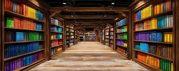 Obraz premium A cozy library interior with colorful bookshelves lining the walls, inviting readers to explore a world of knowledge and imagination.