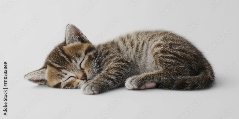 Poster a minimal 3d rendering of a tabby kitten in a curled-up sleeping position, its fur detailed and its 