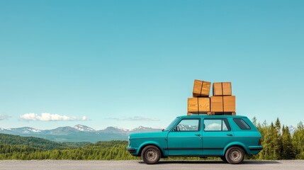 Fototapeta premium A turquoise car with stacked wooden crates drives along a scenic road surrounded by mountains under a clear blue sky.