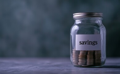 A clear glass jar labeled "savings" filled with coins, set against a textured background, symbolizing financial growth and saving culture.