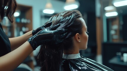 A woman is getting her hair colored in a salon.