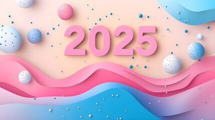 Fototapeta premium Abstract New Year 2025 Design with Pink 3D Numbers and Pastel Elements.