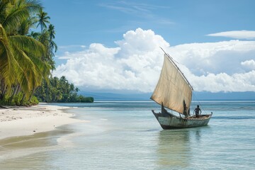 Sailing on a calm sea near a tropical beach with palm trees and clear skies