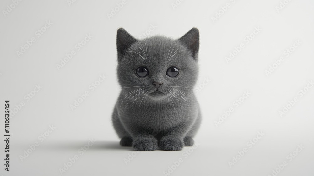 Poster Minimalistic 3D rendering of a small grey Ragdoll cat in a crouched position, looking directly at the viewer on a seamless white backdrop