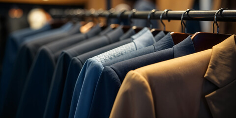 A stylish business suit is on display in a suit store. Hangers line up with strict high pricey suits and accessories.