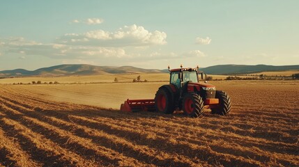 Fototapeta premium Heavy plow attached to a powerful tractor, dry soil being tilled, warm summer day,