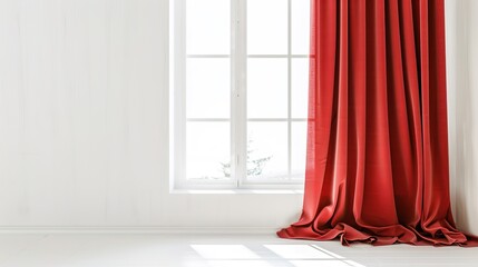 A Captivating Scene of Window Red Curtain Against a White Background, Emphasizing Interior Design and Color Contrast.
