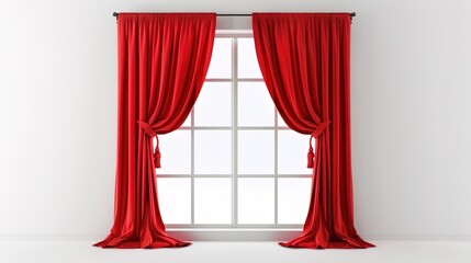 A Captivating Scene of Window Red Curtain Against a White Background, Emphasizing Interior Design and Color Contrast.
