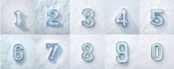 3D frozen Ice numbers from 0 to 9 on a snow background