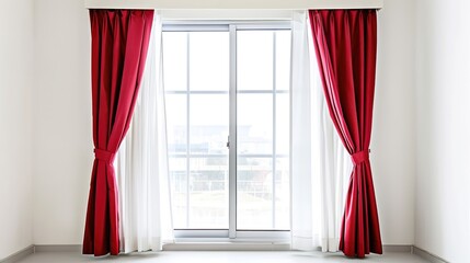 A Captivating Scene of Window Red Curtain Against a White Background, Emphasizing Interior Design and Color Contrast.