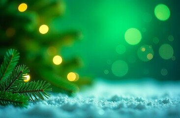 Abstract winter background snow, bokeh lights, and a star atop the tree..A green backdrop with blurred lights of a Christmas tree surrounded by a snowy scene.