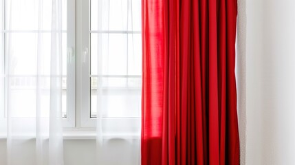 A Captivating Scene of Window Red Curtain Against a White Background, Emphasizing Interior Design and Color Contrast.