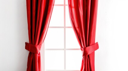 A Captivating Scene of Window Red Curtain Against a White Background, Emphasizing Interior Design and Color Contrast.