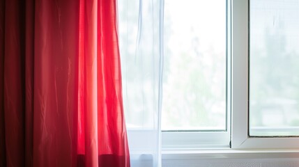 A Captivating Scene of Window Red Curtain Against a White Background, Emphasizing Interior Design and Color Contrast.