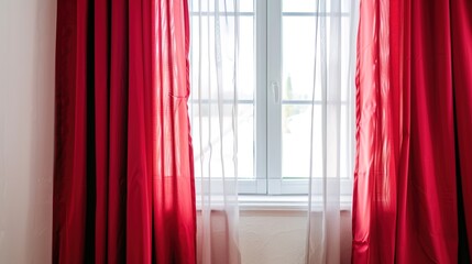 A Captivating Scene of Window Red Curtain Against a White Background, Emphasizing Interior Design and Color Contrast.
