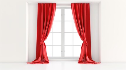 A Captivating Scene of Window Red Curtain Against a White Background, Emphasizing Interior Design and Color Contrast.