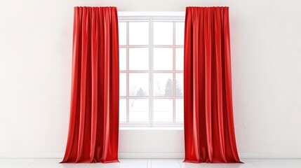 A Captivating Scene of Window Red Curtain Against a White Background, Emphasizing Interior Design and Color Contrast.