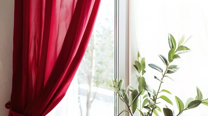 A Captivating Scene of Window Red Curtain Against a White Background, Emphasizing Interior Design and Color Contrast.