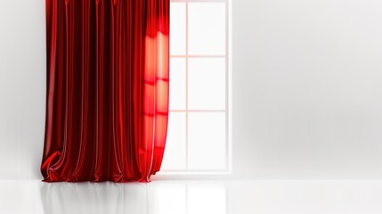 A Captivating Scene of Window Red Curtain Against a White Background, Emphasizing Interior Design and Color Contrast.