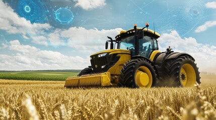 Fototapeta premium High-tech tractor with GPS navigation system in a wheat field, automated precision, 