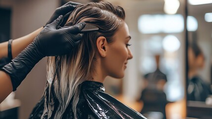 A woman is getting her hair colored in a salon.