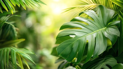 Large green tropical leaves in a lush jungle setting.
