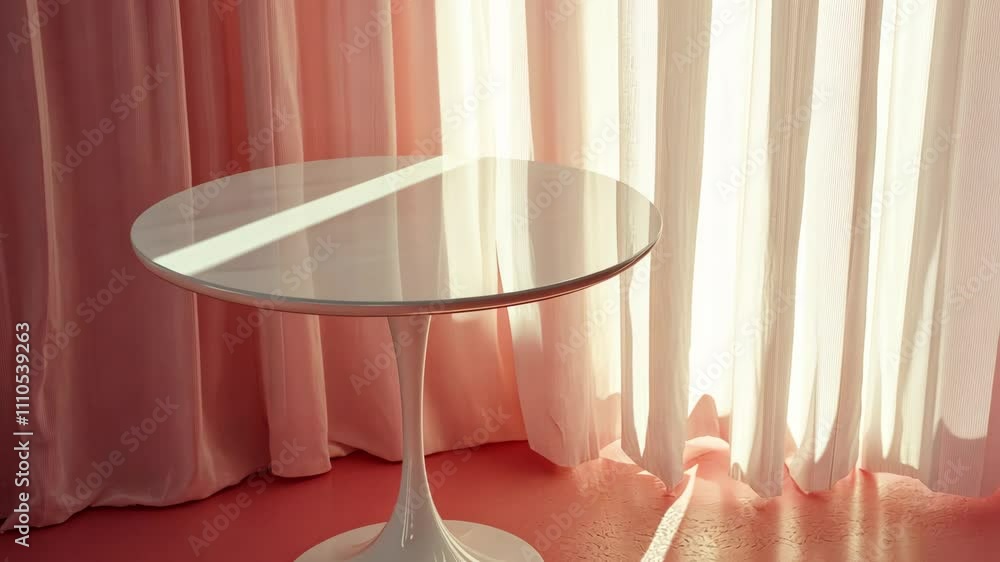Poster sunlight filtering through curtains onto a modern round table in a softly lit room