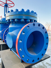 This image shows a closeup of a vivid blue pipe with a striking red flange, emphasizing its unique color combination and key industrial design features that enhance its aesthetic appeal