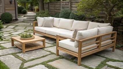 A spacious outdoor seating area with a wooden sectional sofa and coffee table, set on a stone patio surrounded by lush greenery.