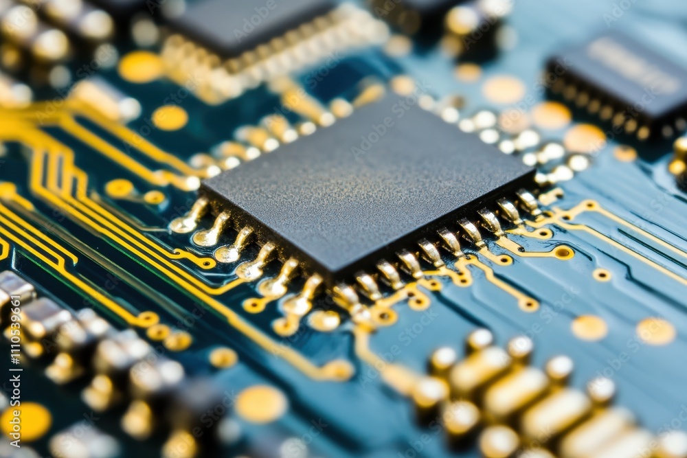 Poster close-up of a computer circuit board revealing intricate electronic connections and a chip