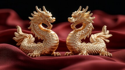 Fototapeta premium Magnificent golden dragons on a silky red background display