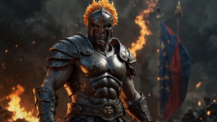 Ares statue wearing battle armor, holding a sword and shield, with a resolute expression; a battlefield engulfed in flames in the background, surrounded by broken weapons and flags on the base.