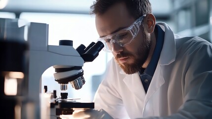 A scientist in a lab coat and safety glasses looks intently through a microscope.