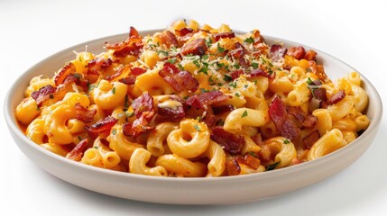 A beautifully crafted pasta dish, featuring gourmet mac and cheese, loaded with crispy bacon and a blend of creamy cheeses, beautifully presented on a white background